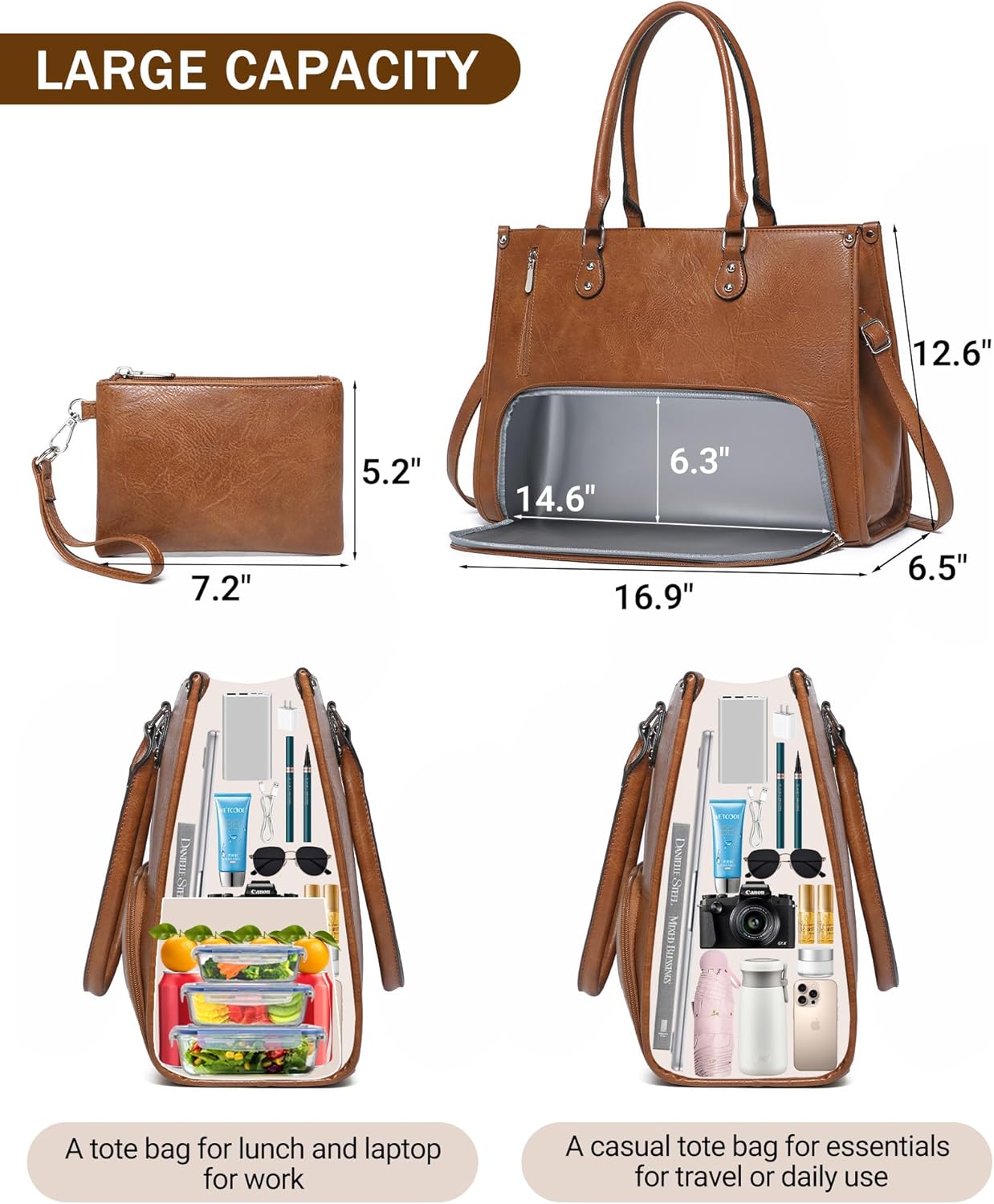 Leather Work Bag Laptop - 2-in-1 Laptop-Tragetasche mit isoliertem Lunchfach für